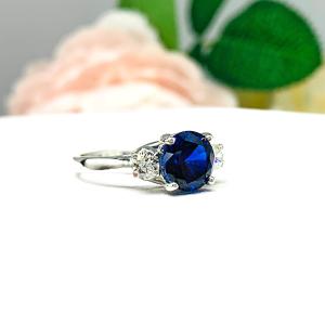 Lab Blue Sapphire 8mm Round CZ Ring Sterling Silver