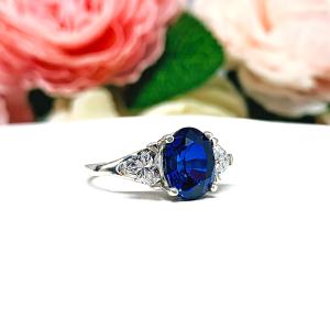 Lab Blue Sapphire Oval Trillion CZ Ring Sterling Silver