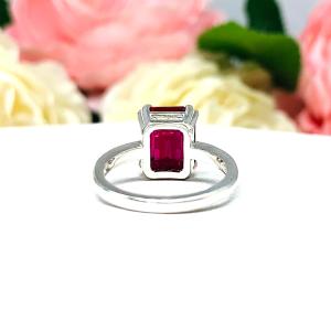 Lab Created Ruby Emerald Cut Ring Double Prong Size 5 Sterling Silver