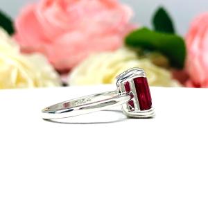 Lab Created Ruby Emerald Cut Ring Double Prong Size 5 Sterling Silver