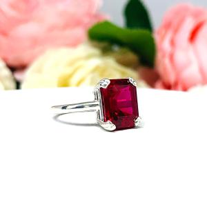 Lab Created Ruby Emerald Cut Ring Double Prong Size 5 Sterling Silver