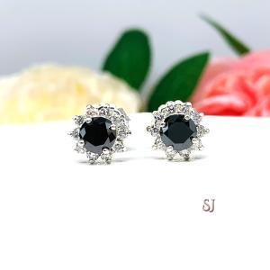 Black Moissanite Halo Stud Earrings - Round authentic moissanites - Sterling silver settings