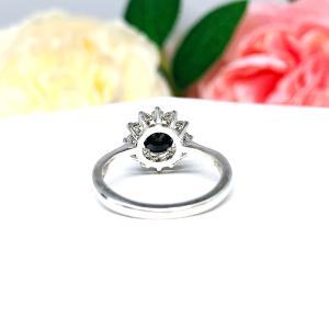 Black Moissanite Halo Engagement Ring - Round authentic moissanites - Sterling silver setting