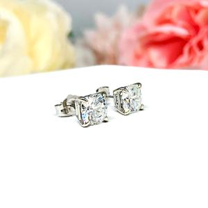 Cushion Moissanite Gold Stud Earrings -  Authentic moissanite - Solid gold settings - FREE 3RD DAY UPS