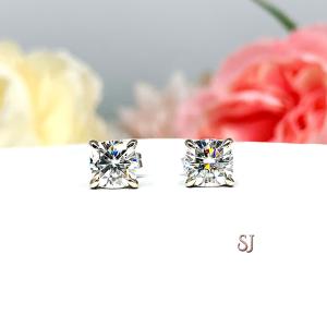 Cushion Moissanite Gold Stud Earrings -  Authentic moissanite - Solid gold settings - FREE 3RD DAY UPS