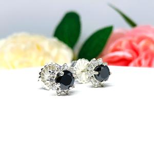 Black Moissanite Halo Stud Earrings - Round authentic moissanites - Sterling silver settings