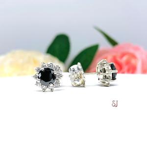 Black Moissanite Halo Stud Earrings - Round authentic moissanites - Sterling silver settings