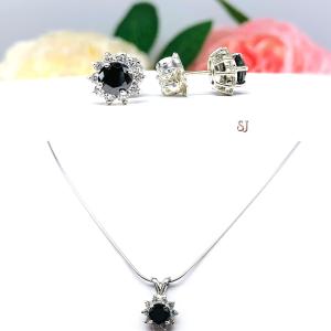 Black Moissanite Halo Pendant Necklace - Round authentic moissanites - Sterling silver setting - Sterling silver chain