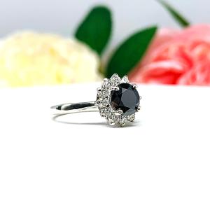 Black Moissanite Halo Engagement Ring - Round authentic moissanites - Sterling silver setting