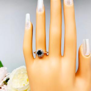 Black Moissanite Halo Engagement Ring - Round authentic moissanites - Sterling silver setting