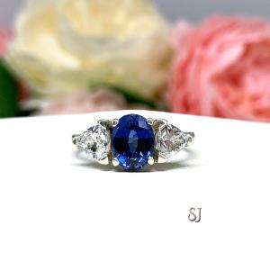 Lab Blue Sapphire Oval Trillion CZ Ring Low Profile Sterling Silver
