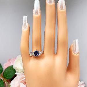 Lab Blue Sapphire Oval Trillion CZ Ring Low Profile Sterling Silver