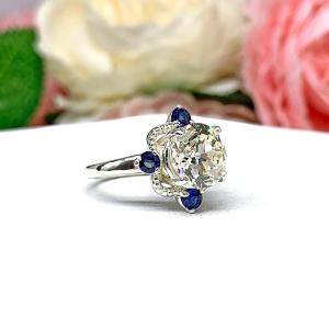 Round CZ Old European Cut Lab Blue Sapphire Engagement Ring Art Deco Antique Inspired