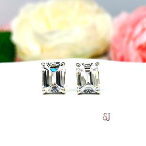 Lab White Sapphire Emerald Cut Stud Earrings 8x6mm