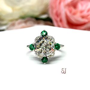 Round CZ Lab Created Emerald Engagement Ring - Round Brilliant - Old European Cut - Art Deco - Sterling Silver
