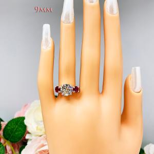 Round CZ Lab Ruby 3 Stone Engagement Ring