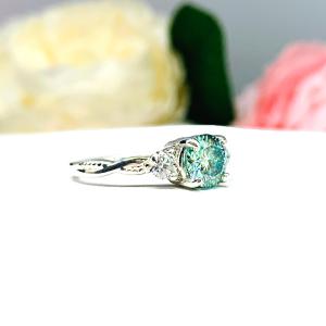 Sea foam Green Moissanite 3 Stone Ring - Round authentic moissanites - Sterling silver milgrain twist setting