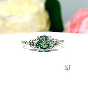 Sea foam Green Moissanite 3 Stone Ring - Round authentic moissanites - Sterling silver milgrain twist setting