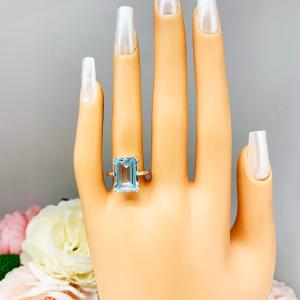 Sky Blue Topaz Emerald Cut Ring -  Genuine 14x10mm (8 Cts) gemstone - Sterling silver double prong statement setting