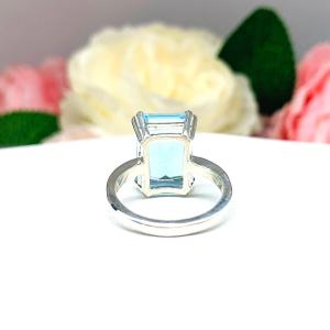 Sky Blue Topaz Emerald Cut Ring -  Genuine 14x10mm (8 Cts) gemstone - Sterling silver double prong statement setting