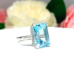 Sky Blue Topaz Emerald Cut Ring -  Genuine 14x10mm (8 Cts) gemstone - Sterling silver double prong statement setting