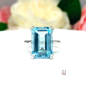 Sky Blue Topaz Emerald Cut Ring -  Genuine 14x10mm (8 Cts) gemstone - Sterling silver double prong statement setting