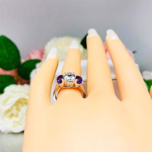 Oval CZ Natural African Amethyst 3 Stone Ring - 8x6mm center stone - 6x4mm side stones - Sterling silver trellis setting