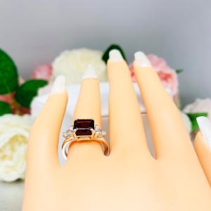 Natural Mozambique Garnet Asscher with Trillion CZ Accents Ring Size 6