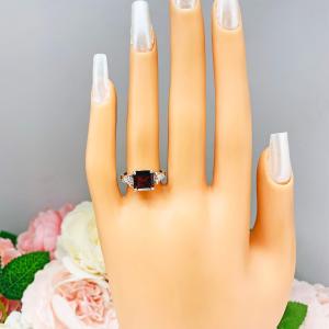 Natural Mozambique Garnet Asscher with Trillion CZ Accents Ring Size 6
