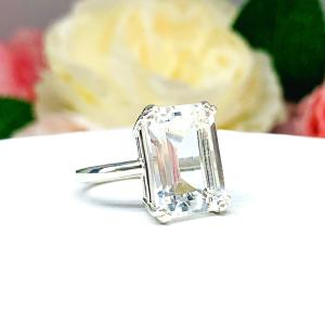 White Topaz Emerald Cut Ring - Natural 14x10mm (8 Cts) gemstone - Sterling silver statement double prong setting