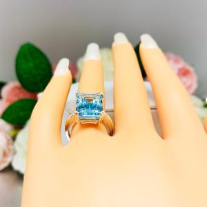 Sky Blue Topaz Emerald Cut Ring -  Genuine 14x10mm (8 Cts) gemstone - Sterling silver double prong statement setting