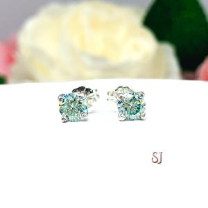 Round Blue Moissanite Stud Earrings - Authentic moissanites - Sterling silver or gold settings