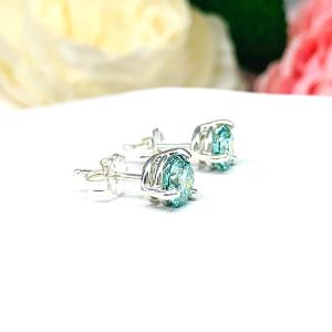 Blue Moissanite Basket Martini Stud Earrings - Round authentic moissanites - Sterling silver settings