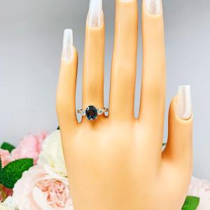 London Blue Topaz Oval Moissanite Ring - Moissanite side stones - Sterling silver twist milgrain setting