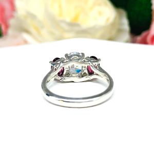 Oval CZ Natural Garnet 3 Stone Engagement Ring - 8x6mm oval center stone - 6x4mm rhodolite garnet - Sterling silver trellis setting