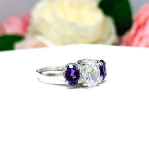 Oval CZ Natural African Amethyst 3 Stone Ring - 8x6mm center stone - 6x4mm side stones - Sterling silver trellis setting