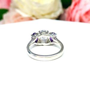 Oval CZ Natural African Amethyst 3 Stone Ring - 8x6mm center stone - 6x4mm side stones - Sterling silver trellis setting