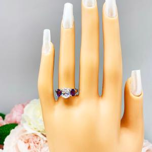 Oval CZ Natural African Amethyst 3 Stone Ring - 8x6mm center stone - 6x4mm side stones - Sterling silver trellis setting