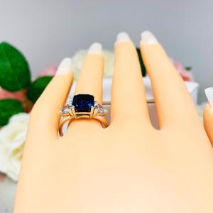 Lab Blue Sapphire Emerald Cut Trillion CZ Ring