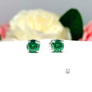 Emerald Green Moissanite Stud Earrings - Authentic round moissanite - Sterling silver settings