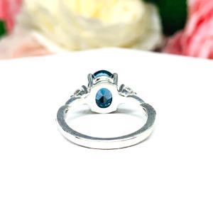 London Blue Topaz Oval Moissanite Ring - Moissanite side stones - Sterling silver twist milgrain setting
