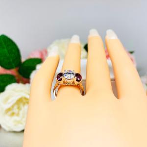 Oval CZ Natural Garnet 3 Stone Engagement Ring - 8x6mm oval center stone - 6x4mm rhodolite garnet - Sterling silver trellis setting