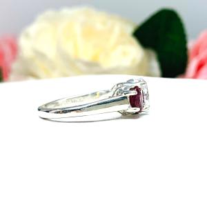 Oval CZ Natural Garnet 3 Stone Engagement Ring - 8x6mm oval center stone - 6x4mm rhodolite garnet - Sterling silver trellis setting