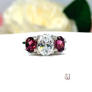 Oval CZ Natural Garnet 3 Stone Engagement Ring - 8x6mm oval center stone - 6x4mm rhodolite garnet - Sterling silver trellis setting