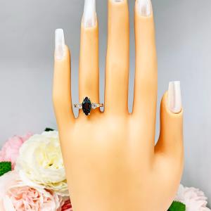 London Blue Topaz Marquise Ring - Moissanite side stones - Sterling silver twist milgrain band