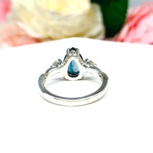 London Blue Topaz Pear Ring - Round moissanite side stones - Sterling silver twist milgrain band