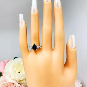 London Blue Topaz Pear Ring - Round moissanite side stones - Sterling silver twist milgrain band