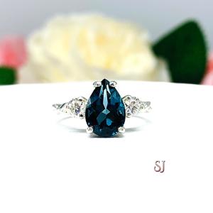 London Blue Topaz Pear Ring - Round moissanite side stones - Sterling silver twist milgrain band