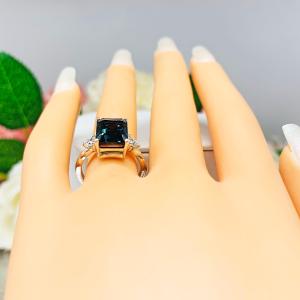 Emerald Cut London Blue Topaz Ring - Moissanite side stones - Sterling Silver twist milgrain band