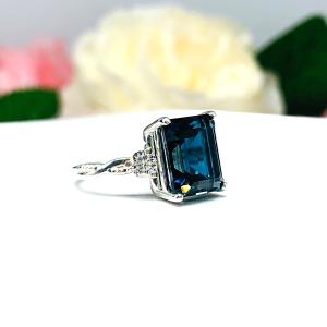 Emerald Cut London Blue Topaz Ring - Moissanite side stones - Sterling Silver twist milgrain band